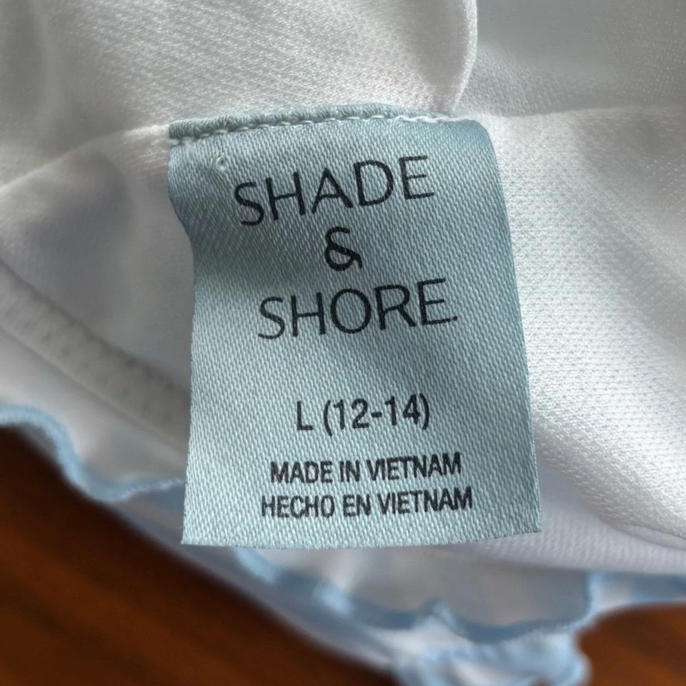 Shade & Shore One Piece Swimsuit L Blue White Striped Ruffle Coastal Chic Preppy